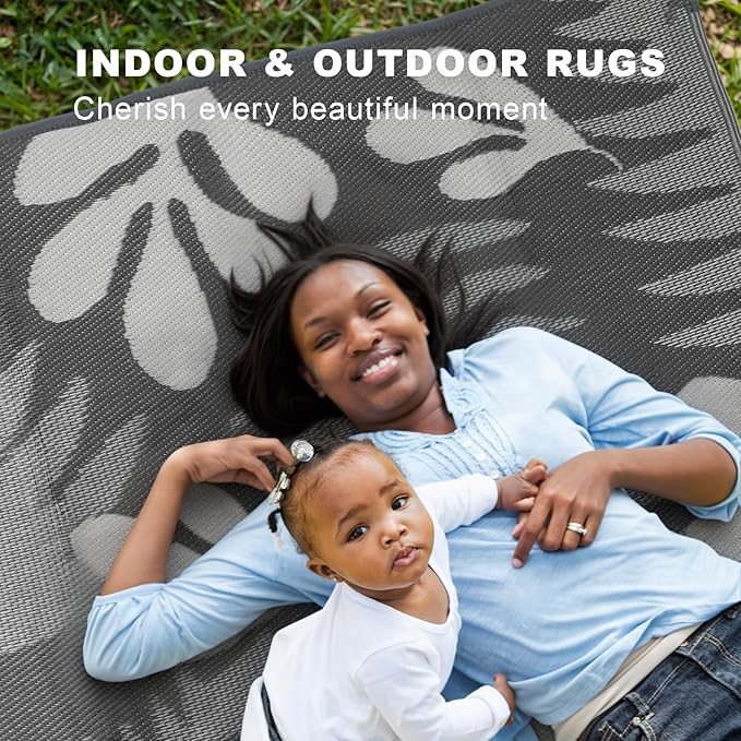 wikiwiki Outdoor Rug, 4x6ft Waterproof Reversible Mat Indoor Outdoor Rugs Carpet, Small Area Rug Plastic Straw Rug for Patio Deck Balcony Pool RV Camping Beach Picnic, Grey Leaves, Rugscape Series