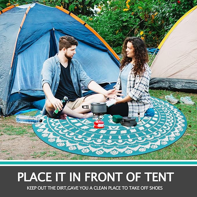 Capslpad 5Ft Round Outdoor Rug for Patio Reversible Mat Waterproof Plastic Straw Rug Boho Circle Indoor Outside Area Rug for RV Camping Picnic Pool Tent Balcony Beach Deck Doormats Decor, Teal