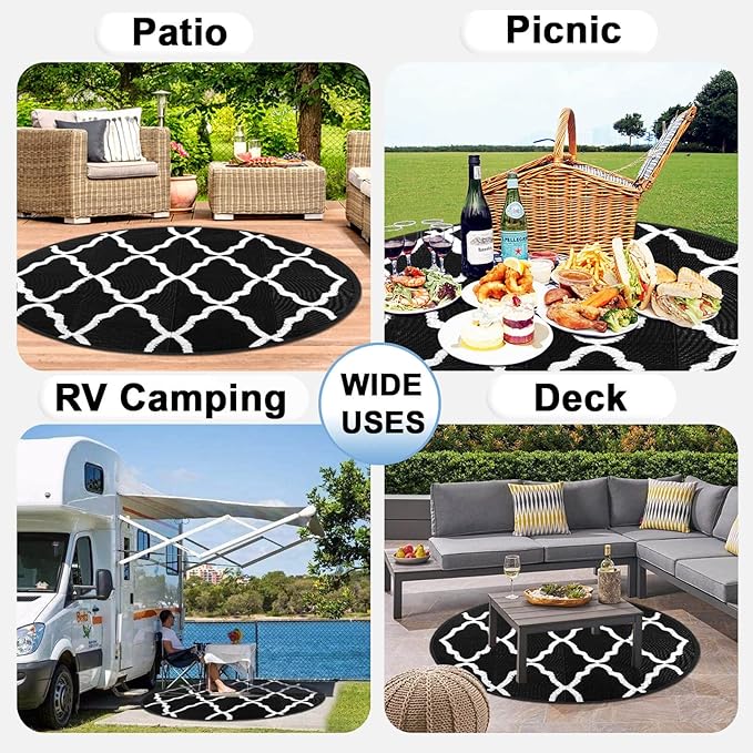 OutdoorLines Indoor Outdoor Rugs for Patio 8 Feet - Reversible Outside Carpet, Stain & UV Resistant Portable RV Mats, Plastic Straw Rug for Camping, Pool Deck, Porch Moroccan/Black & White