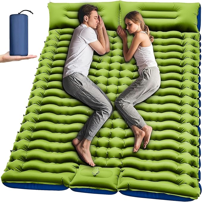 Double Sleeping Pad - Self Inflating 4" Extra-Thick for 2 Person with Pillow Built-in Foot Pump Inflatable Sleeping Mat for Backpacking, Hiking, Traveling, Tent, Portable Camping Mat