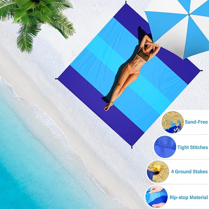 BYDOLL Beach Blanket Waterproof Sandproof 78''×81'' 1-7 Adults Oversized Lightweight Large Picnic Mat Waterproof Sandproof Blanket for Beach