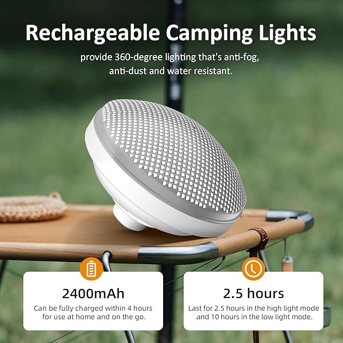 Tent Light Rechargeable 2400mAh Waterproof for Camping,Outdoor,Power Outage(2 Pack)