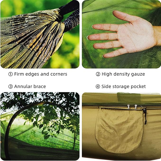 LFL Camping Hammock with Mosquito Net, Hammocks with 13ft Tree Straps Carabiners, Automatic Quick Open Outdoor Portable Hammock, Nylon Parachute Material Outside Hiking Gear (Green)