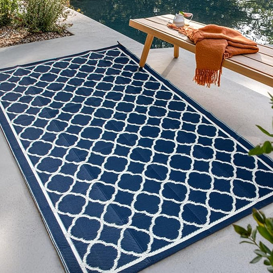 Waterproof Outdoor Rug 4x6 ft, Reversible Plastic Straw Rug, Easy to Clean Patio Rug, Portable Carpet for Patio, RV, Deck, Balcony, Backyard, Picnic, Beach, Clover, Navy Blue