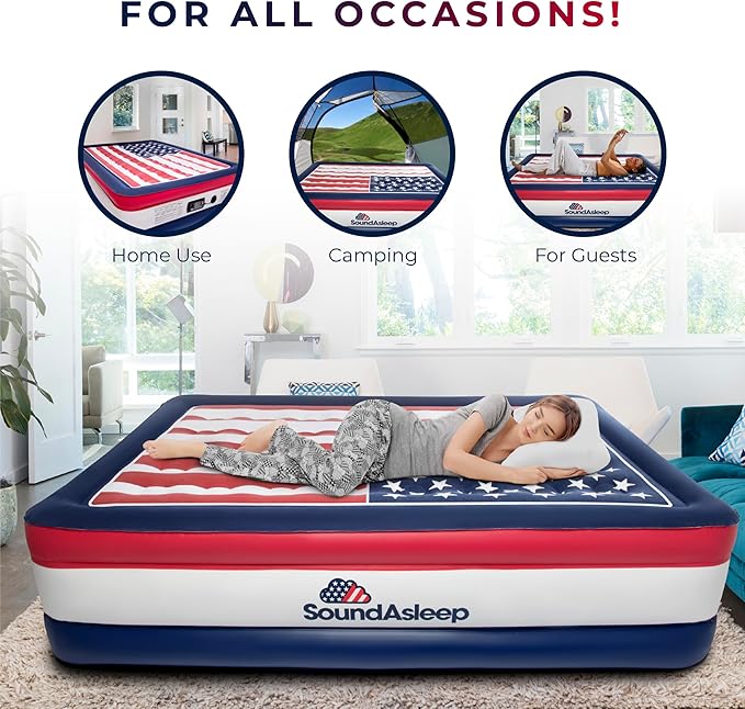 SoundAsleep Dream Series Luxury USA Air Mattress with ComfortCoil Technology & Built-in High Capacity Pump for Home & Camping- Double Height, Adjustable, Inflatable Blow Up, Portable - Queen Size