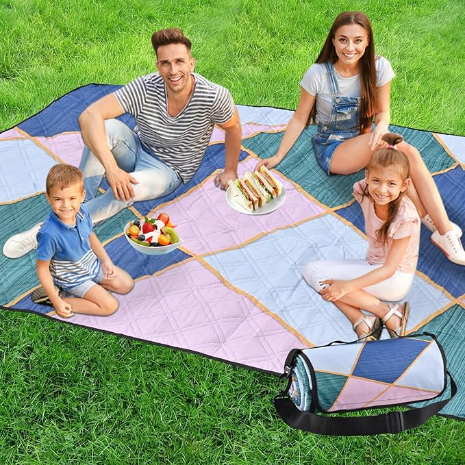 Picnic Blankets Outdoor Extra Large Thick- Waterproof Beach Mat Sand Free Foldable with Carry Strap,Portable Camping Blanket, Park Blanket for Grass Lawn Hiking Travel Concerts Gifts Ideas