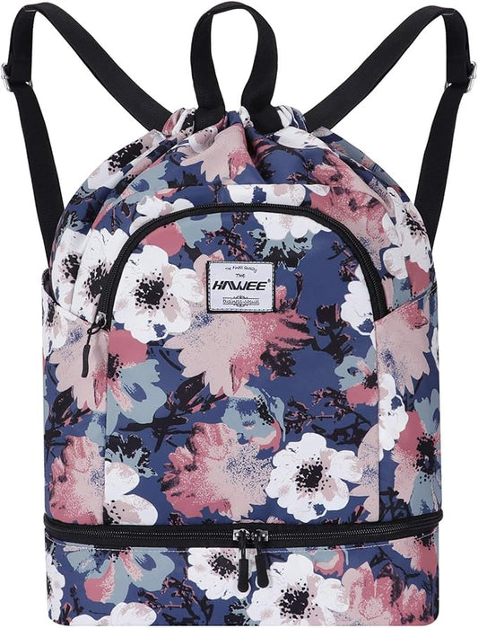 Dry Wet Drawstring Backpack with Shoe Compartment for Women Adjustable Gym Bag