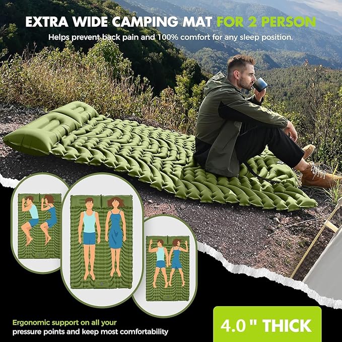 Camping Sleeping Pad,Double Sleeping Pad for Camping-Self Inflating 4" Extra-Thick for 2 Person with Pillow Built-in Foot Pump Inflatable Sleeping Mat for Backpacking,Hiking,Traveling,Tent