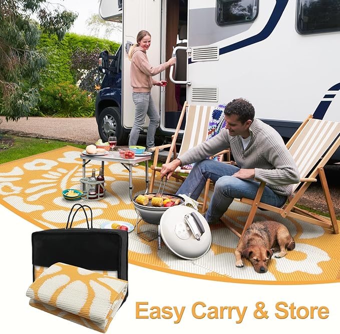 Wonnitar 6x9 Outdoor Rug Waterproof, Reversible Plastic Straw RV Rugs for Camping Outside, Large Portable RV Outdoor Mat Orange Abstract Flower Tent Rug for Camping Garden Picnic (Orange, 6'x9')