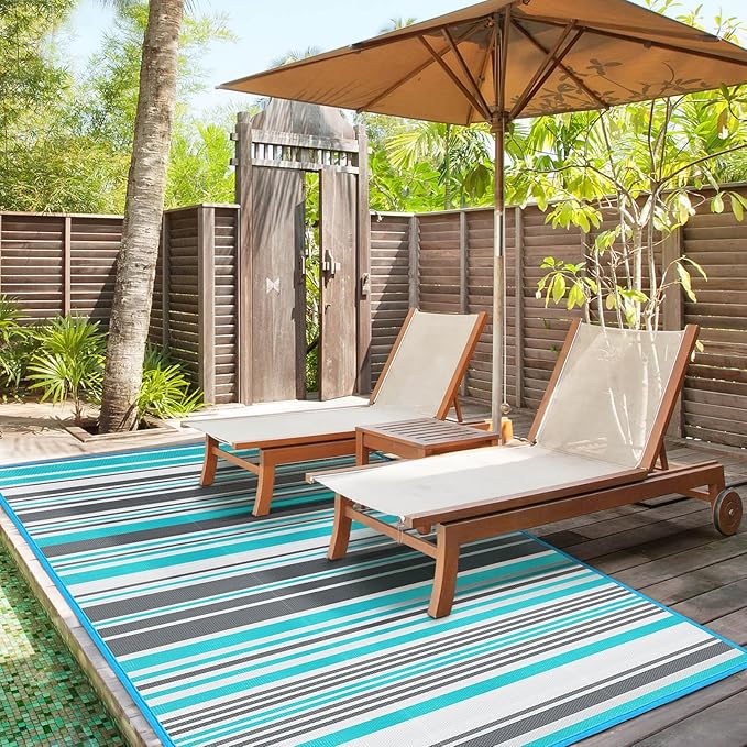 Outdoor Patio Plastic Rug Waterproof - Outdoor Rugs for Camper Outside, Rv, Porch Deck Rug Clearance, Area Carpet for Outside, Balcony, Patio Decor, Blue & Grey, 5x8 ft