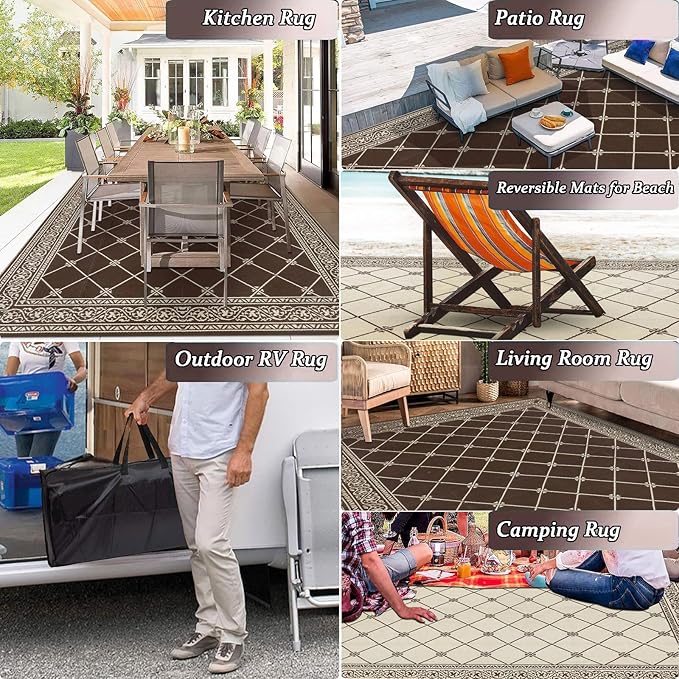 HiiARug Outdoor Rugs 9x12 for Patios Clearance Brown Camping Rug for RV Outside, Reversible Waterproof Plastic Straw Rug Large Outdoor Rug for Porch Beach Picnic Camper
