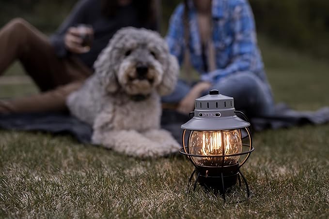 Barebones Railroad Lantern – State Gray, Vintage-Inspired LED Camping Lantern with Rechargeable Battery – Adjustable Brightness Outdoor Light for Camping Gear, Backyard, and Home Decor