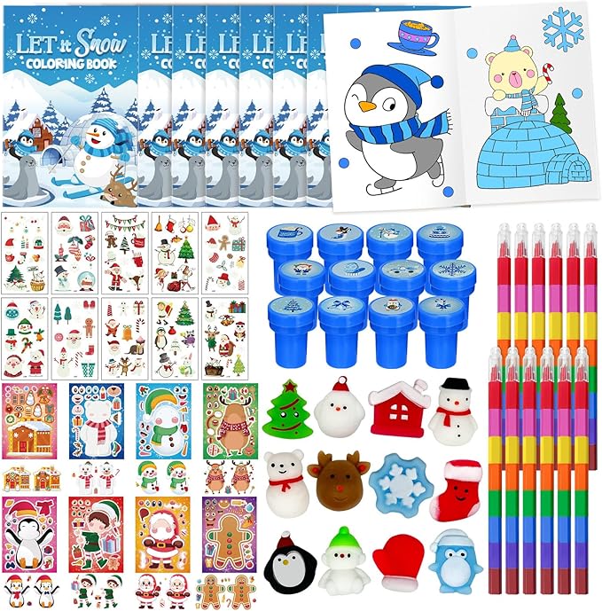 Cinrobiye 144 Pcss Merry Christmas Party Favors Max Holiday Coloring Books Tattoo DIY Sticker Stampers Class Reward Prizes for Christmas Holiday Winter Party supplies (Winter2)
