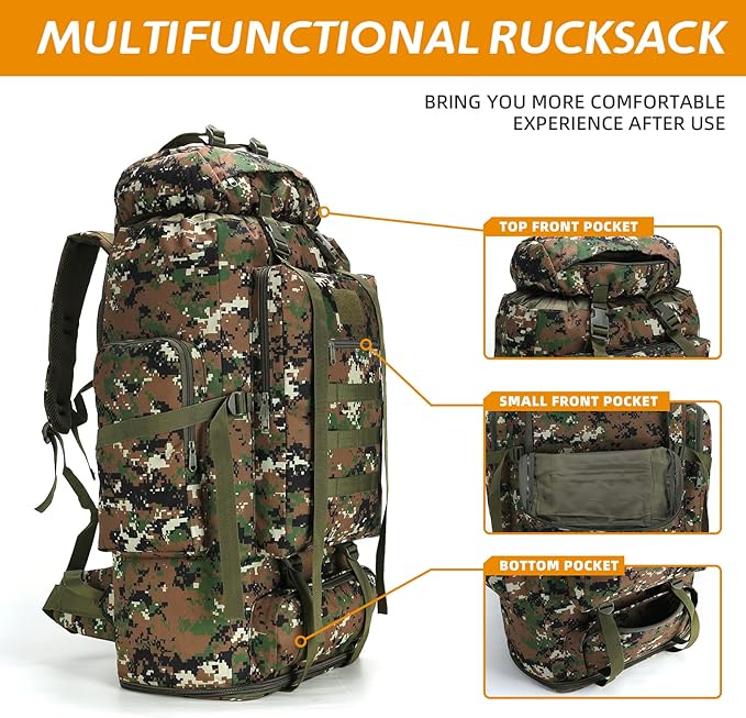 70L/100L Hiking Camping Backpack MOLLE Rucksack Waterproof Daypack for Traveling (Woodland Camo)