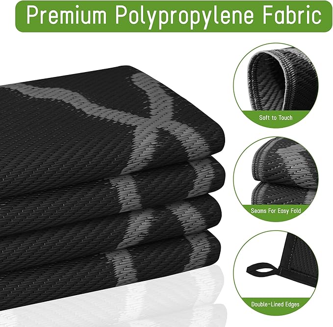 Easy-Going Reversible Outdoor Rugs 9x12ft Waterproof Plastic Straw Rug Stain & UV Resistant Floor Mat for Patio Porch RV Backyard Pool Deck Picnic Beach Trailer Camping (Moroccan Black & Grey)