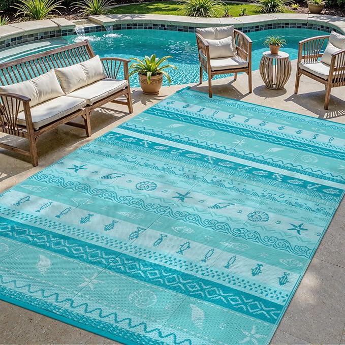 Lahome Outdoor Rug Waterproof, 5x8ft Reversible Outdoor Plastic Straw Rug for Camping, RV Patio Rugs Outside Carpet for Porch Deck Backyard Balcony Picnic(Blue/Multi,5'x 8')