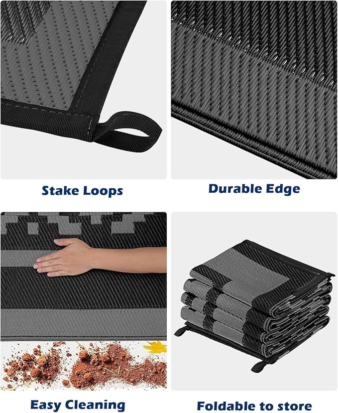 Kohree Outdoor Rug Waterproof 6x9 ft, RV Outdoor Plastic Straw Rug for Patios Clearance,Reversible Area Rug for Camping,Balcony,Deck,Black & Gray