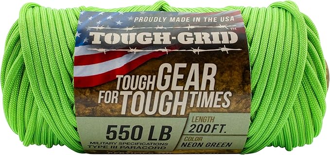 TOUGH-GRID Premium 550lb Paracord Rope - 200 Ft. - Neon Green - 100% Nylon Type IV Mil-Spec - UV & Abrasion Resistant - Heavy Duty Strands - Outdoor Survival Rope - Used by US Military - Made in USA