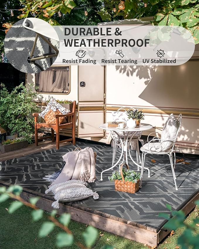 MontVoo Outdoor Rug 8x10 Waterproof-Patio Rug Mat Outdoor Carpet Reversible RV Camping Picnic Plastic Straw Rug Outside Outdoor Area Rug for Balcony Deck Backyard Patio Decor Modern Abstract