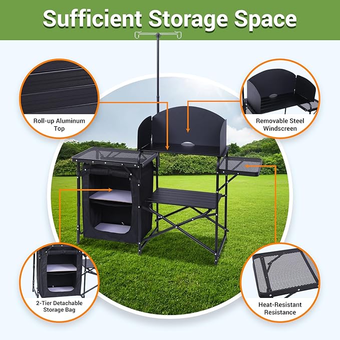 Nice C Camping Kitchen Station, Folding Table & Organizers, Upgrade Light Stand and Windshield Cooking Station, Carry Bag for Beach, Picnic (Black)