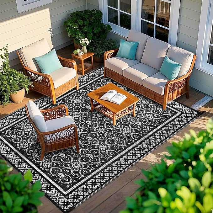 Outdoor Patio Plastic Straw Rug - 6'x9' Outdoor Camping Rug Waterproof Reversible, Area Carpet Patios Clearance RV, Outside Porch Balcony Deck for Camper, Classic Black & White