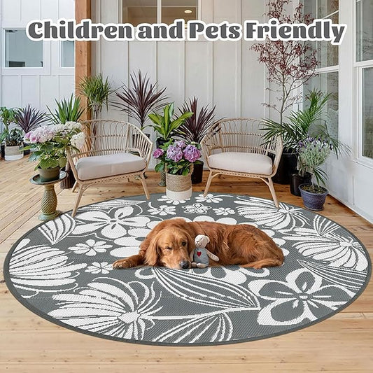 Ileading Round Outdoor Plastic Straw Rug 6ft Funny Floral Style Reversible Patio Area Rugs Waterproof Non Shedding Portable Carpets for Rv Outside Deck Pool Beach Picnic Camping (Grey)