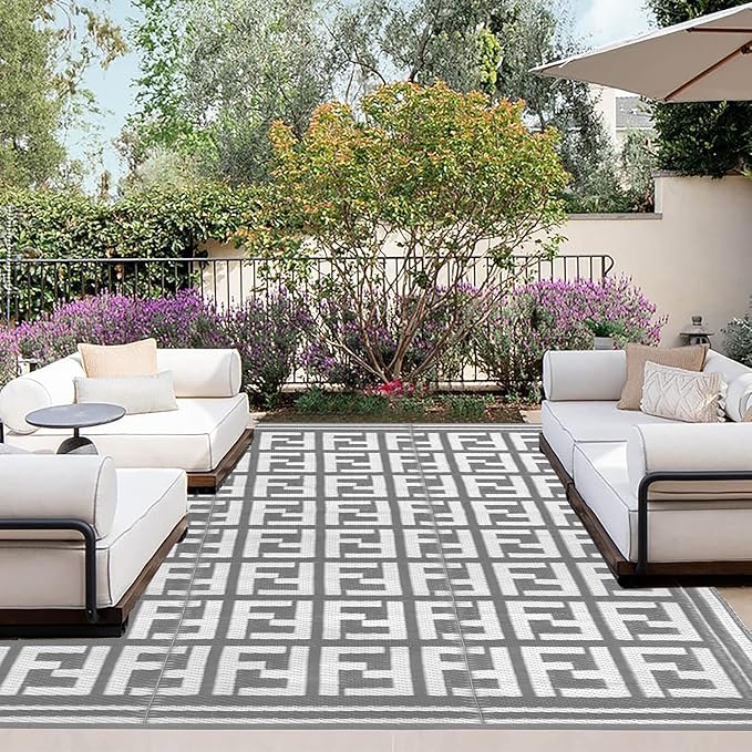 OutdoorLines Outdoor Plastic Area Rugs for Patio 5x8 ft - Reversible Outside Carpet, Stain & UV Resistant RV Mats, Straw Rug for Camping, Deck Garden, Porch and Balcony, Geometry Grey & Light Grey