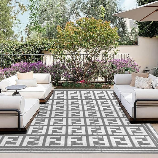 OutdoorLines Outdoor Plastic Area Rugs for Patio 4x6 ft - Reversible Outside Carpet, Stain & UV Resistant RV Mats, Straw Rug for Camping, Deck Garden, Porch and Balcony, Geometry Grey & Light Grey