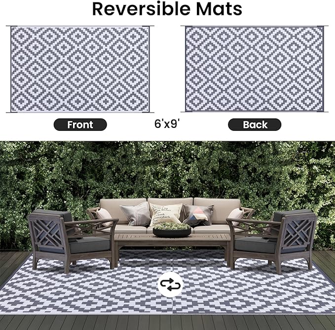 Smiry Waterproof Outdoor Rug 6x9 ft, Reversible Plastic Straw Patio Camping Rugs, Outdoor Indoor RV Mat Carpet for Patio, Outside Entry, Backyard, Deck, Bench, Picnic, Camper, White & Grey