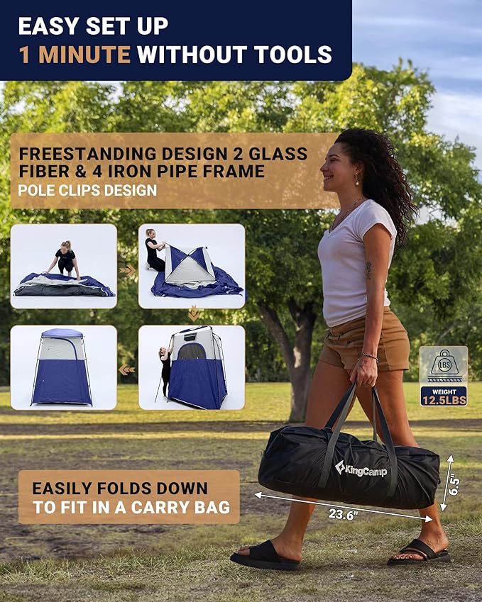 KingCamp Camping Shower Tent, Portable Outdoor Privacy Toilet & Changing Tent Windproof & Waterproof Easy Setup 1 or 2 Room Shelter with Shower Bag for Camping Hiking Beach
