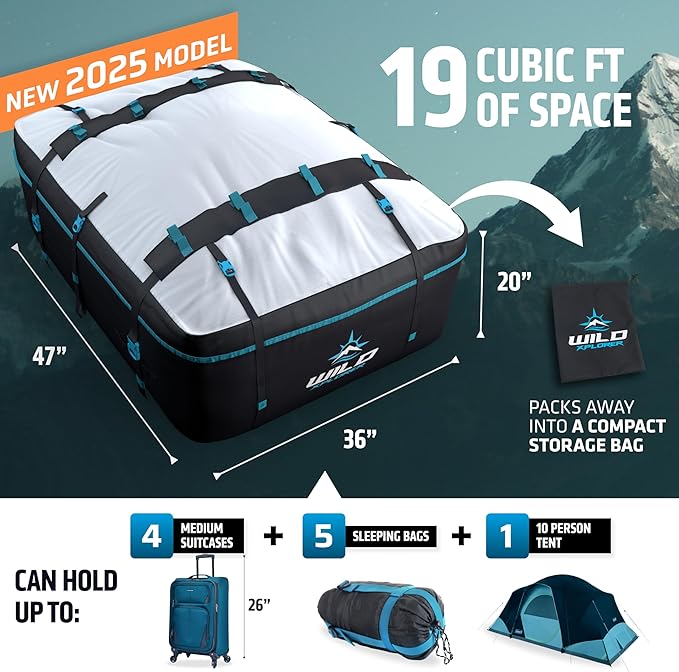 Rooftop Cargo Carrier - Waterproof Soft Shell Car Roof Cargo Carrier, Heavy Duty Car Top Luggage Cargo Bag with Patented Door Hook System and Non-Slip Mat for Car or SUV (19 Cubic Feet)