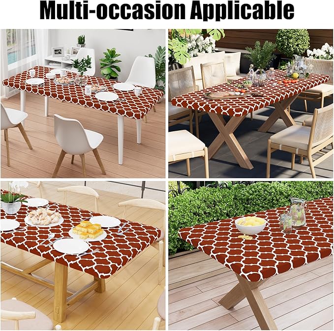 Smiry Rectangle Picnic Table Cover, Waterproof Elastic Fitted Camping Tablecloths for 6 Foot Tables, Wipeable Flannel Backed Vinyl Tablecloth Protector for Indoor, Outdoor (Rust, 30x72 Inches)