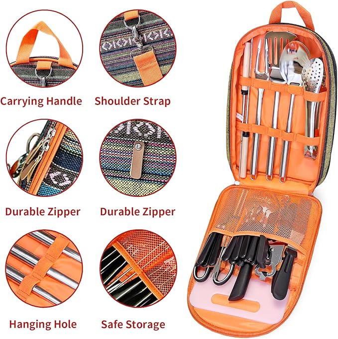 Portable Camping Kitchen Utensil Set-27 Piece Cookware Kit, Stainless Steel Outdoor Cooking and Grilling Utensil Organizer Travel Set Perfect for Travel, Picnics, RVs, Camping, BBQs, Parties and More
