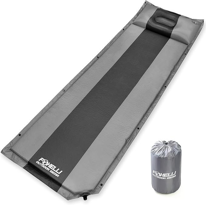 Foxelli Self Inflating Sleeping Pad for Camping, Backpacking, Hiking, Insulated Foam Lightweight Camping Mat, Inflatable Camp Mattress with Pillow