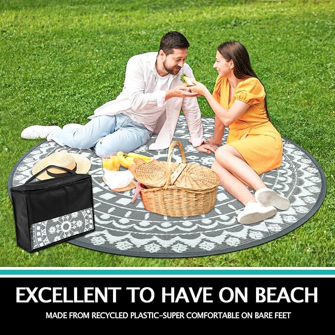 Capslpad 6Ft Round Outdoor Rug for Patios Clearance Reversible Mat Plastic Straw Patio Rugs Lightweight RV Camping Mat Circle Outside Area Rug Carpet for Balcony Deck Trailer Picnic BBQ, Grey