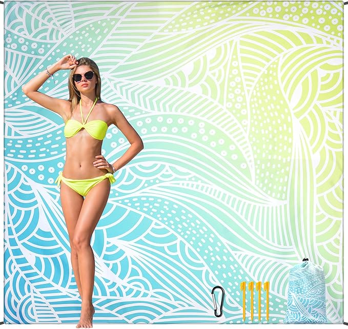 Beach Blanket Waterproof Sandproof Beach Mat 79”x 83” for 1-4 Adults Quick Drying Durable Outdoor Picnic Mat for Beach Festival Travel Camping Hiking (Gradiant BL&GN-Ripple, 79"×83"(4 Person))