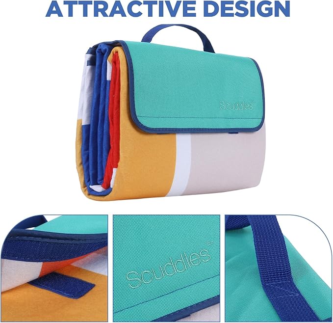 scuddles Picnic Blanket Extra Large 60 X 80, 3 Layers Outdoor Blanket, Water-Resistant Handy Mat Tote Spring Summer Blanket for The Beach