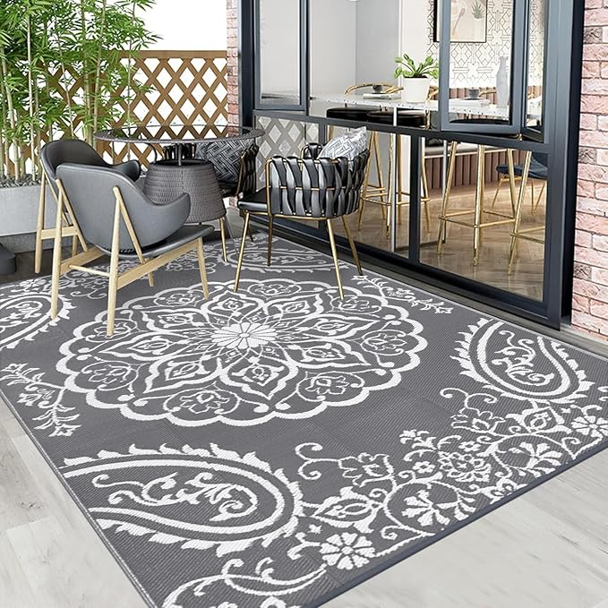 Pauwer Waterproof Outdoor Rug 5x8, Reversible Plastic Straw Patio Camping Rug, Indoor Outdoor RV Mat Carpet for Deck, Camper, Porch, Balcony, Backyard, Picnic, Boho Grey