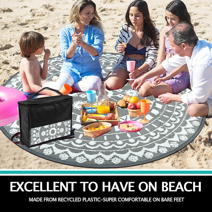 Capslpad 8Ft Round Outdoor Rug for Patios Clearance Reversible Mat Plastic Straw Patio Rugs Lightweight RV Camping Mat Circle Outside Area Rug Carpet for Balcony Deck Trailer Picnic BBQ, Grey