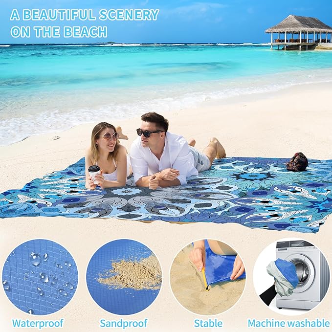 BYDOLL Beach Blanket Waterproof Sandproof 78''×110'' Suits1-7 Adults Compact Lightweight Oversized Sand-Free Blanket Large Picnic Mat for Beach Travel Camping Hiking