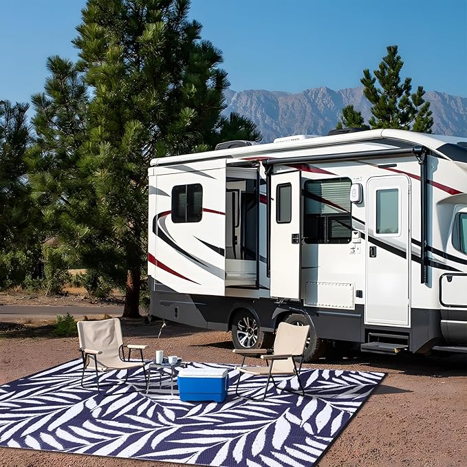 OLANLY Waterproof Outdoor Rug 6x9 ft, Reversible Outdoor Plastic Straw Rug with Leaf Pattern, RV Mat, Indoor Outdoor Carpet for Patio, Camping, Balcony, Deck, Backyard, Navy & White