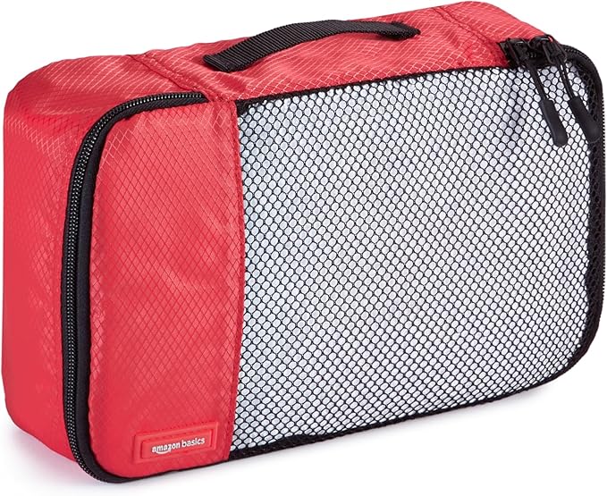 Amazon Basics Packing Cubes for Travel, Packing Organizers Set, 4-Piece-Set (Slim, Small, Medium, Large) With Double Zipper Pulls and Mesh Top Panel, 100% Durable Polyester, Red