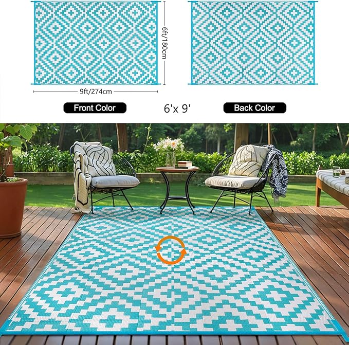 Outdoor Patio Plastic Straw Rug - 6'x9' Outdoor Camping Rug Waterproof Reversible, Area Carpet Patios Clearance RV, Outside Porch Balcony Deck for Camper, Blue & White