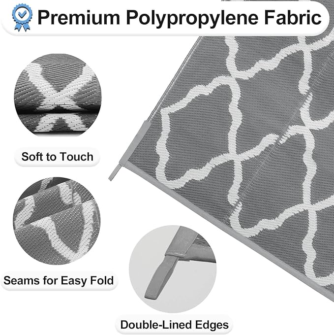 OutdoorLines Outdoor Plastic Area Rugs for Patio 4x6 ft - Reversible Outside Carpet, Stain & UV Resistant RV Mats, Straw Rug for Patio, Camping, Porch and Balcony, Moroccan Grey & Light Grey