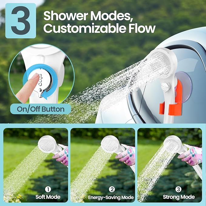 Portable Camping Shower with 7800mAh Battery - 3 Spray Modes, IPX7 Waterproof & Powerful Suction for Indoor, Camping, Beach Travel, RV Life, Pet Bathing, Gardening
