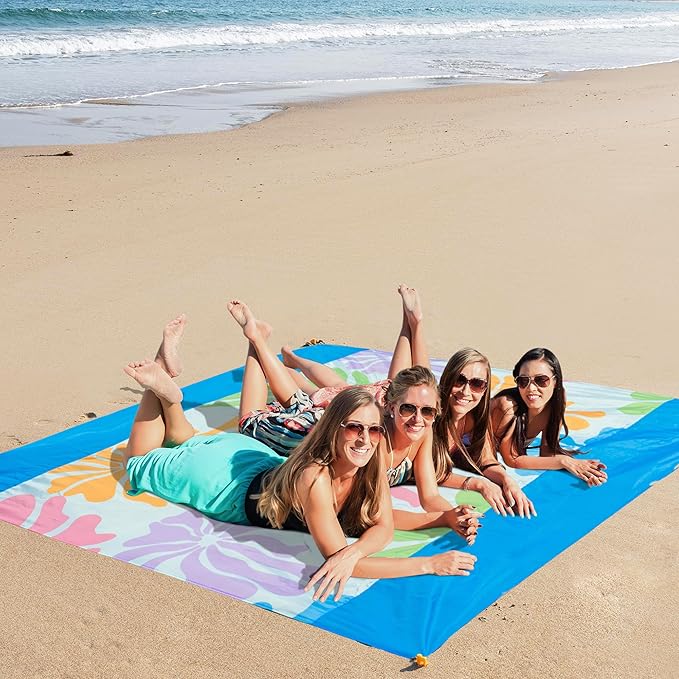 Sandproof Waterproof Beach Blanket, 80"x80" Large Beach Mat for 4-6 Adults, Lightweight Quick Dry Windproof Picnic Mat