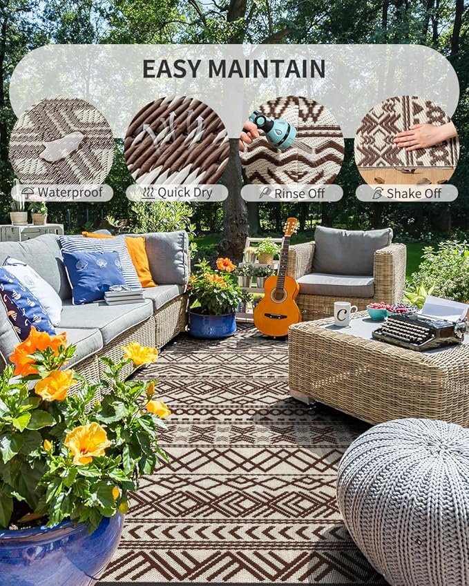 MontVoo Outdoor Rug Carpet Waterproof 5x8 Outdoor Patio Rug Mat Reverisble Plastic Straw Outdoor Rug for RV Camping Picnic Beach Balcony Boho Beige Brown