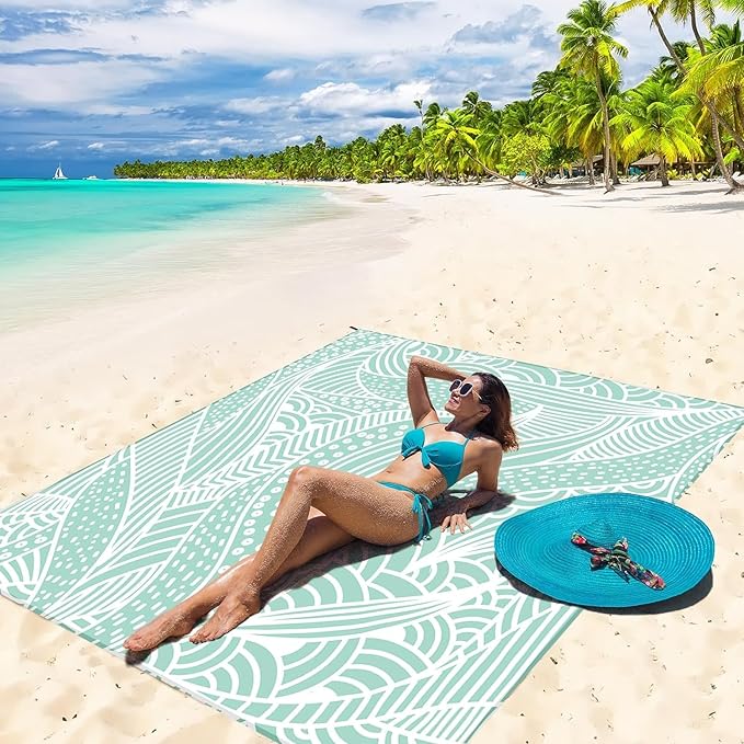 Beach Blanket Waterproof Sandproof Beach Mat 79" X 83" /10'x9'for 2-8 Adults Quick Drying Outdoor Picnic Mat Beach Accessories for Travel, Camping, Hiking