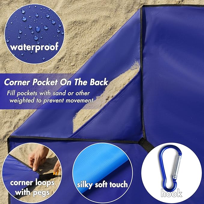 MIULEE Beach Blanket Waterproof Sandproof, Extra Large 110" x 114" Beach Mat Oversized for 5-8 Adults, Portable Lightweight Outdoor Blanket with 4 Corner Pockets for Hiking, Picnic, Travel, Camping
