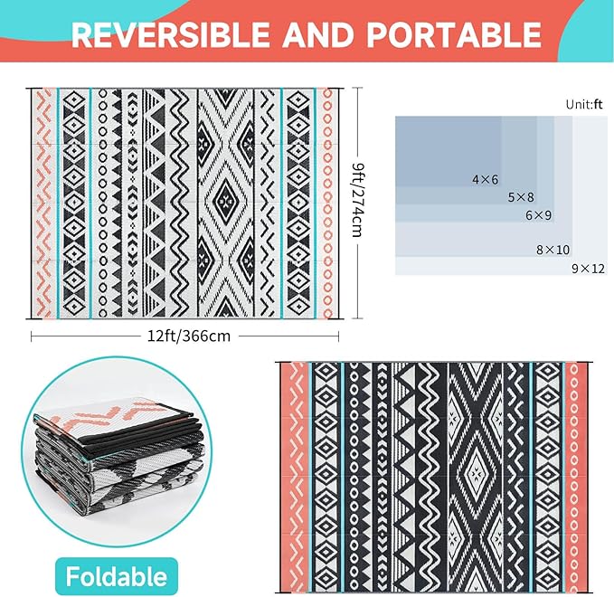 Outdoor Rugs Patio Camping Waterproof - 9x12 Plastic Straw Patio Rug Portable for Campers, Outside RVs Mat, Outdoor Area Carpet for Patios Clearance, Backyard Porch, Balcony, Picnic